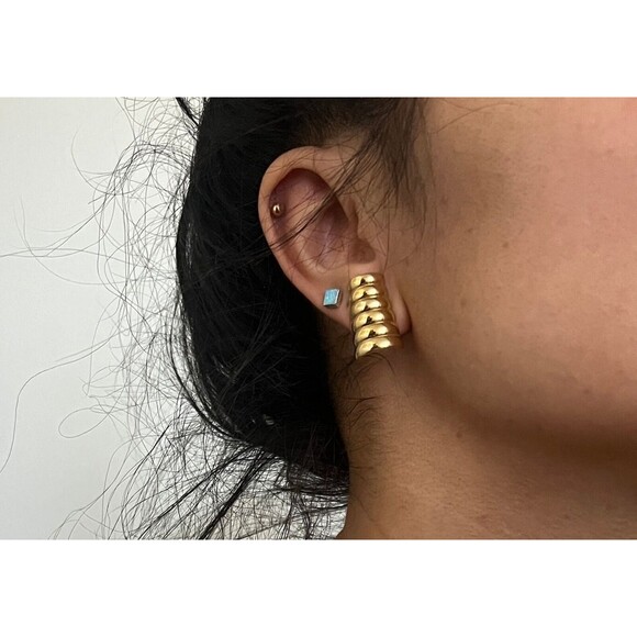 Vtg 80s signed Richelieu gold tone clip on earrings ridged modern minimalist‎ - Picture 3 of 5